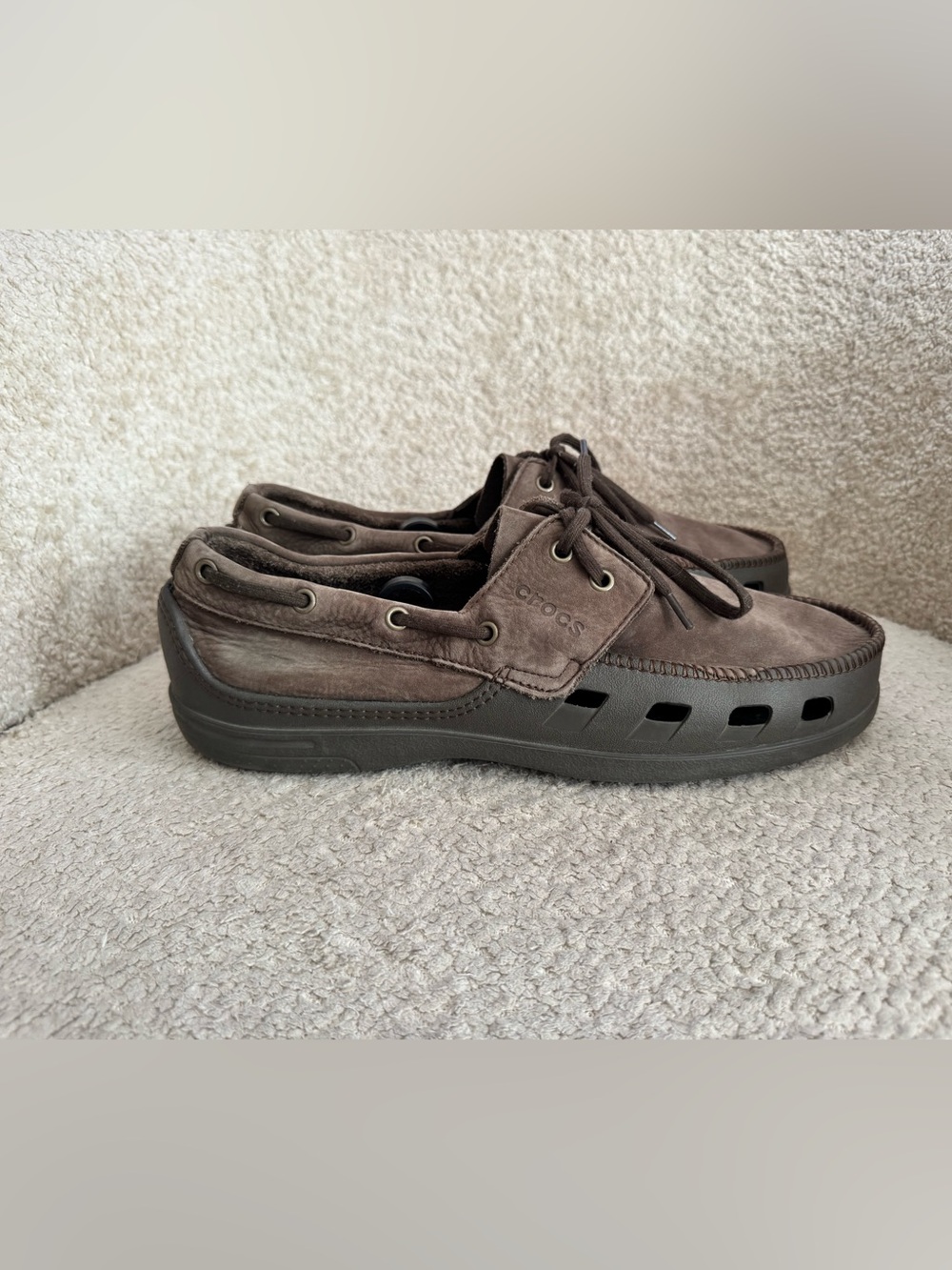 Crocs Men’s Size 12 Brown Leather Boat Shoes Loafers Lace Up Moc Toe